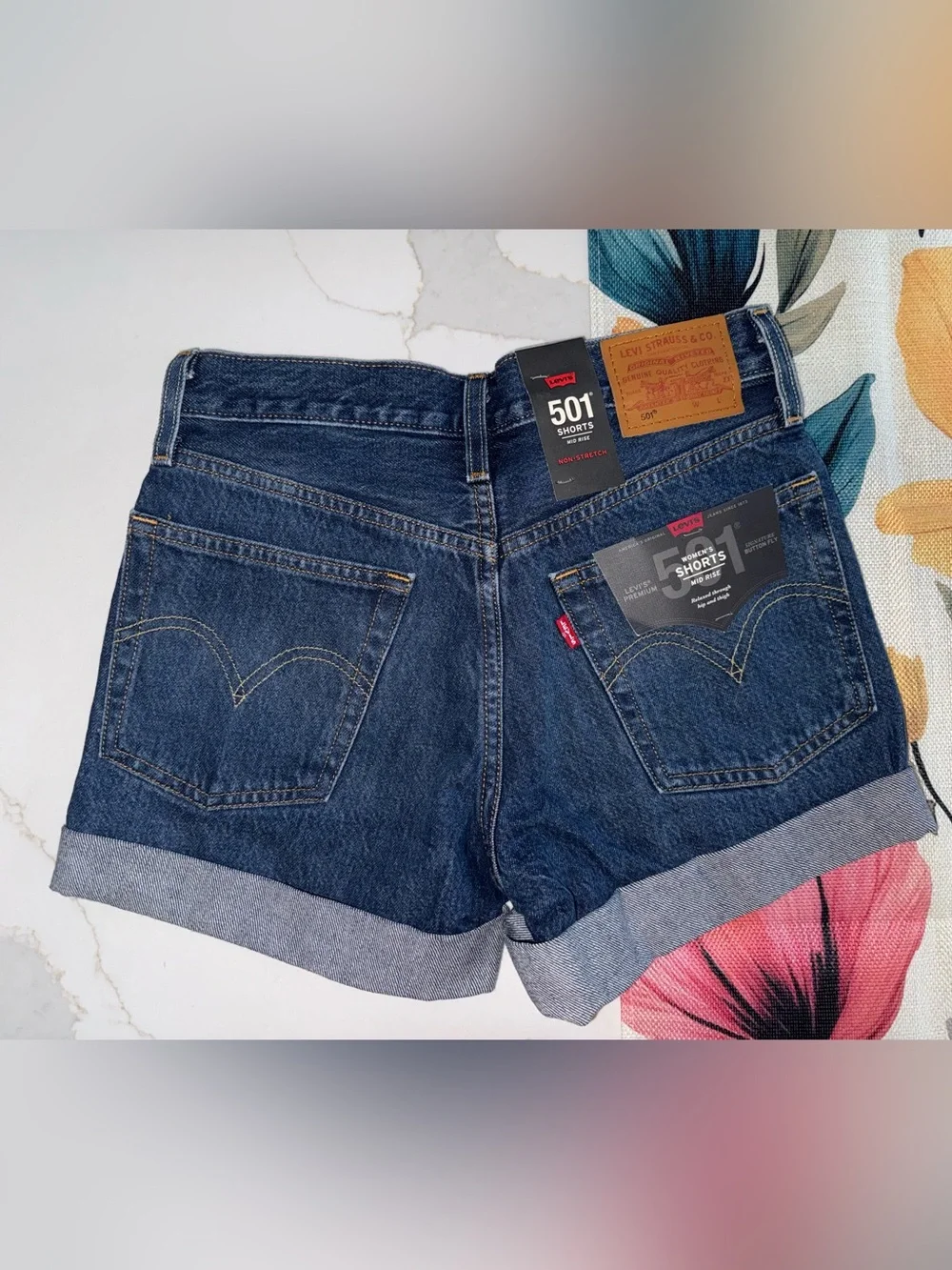 Levi's Dark Blue 501 Mid Rise Jean Shorts - Cuffed Hem